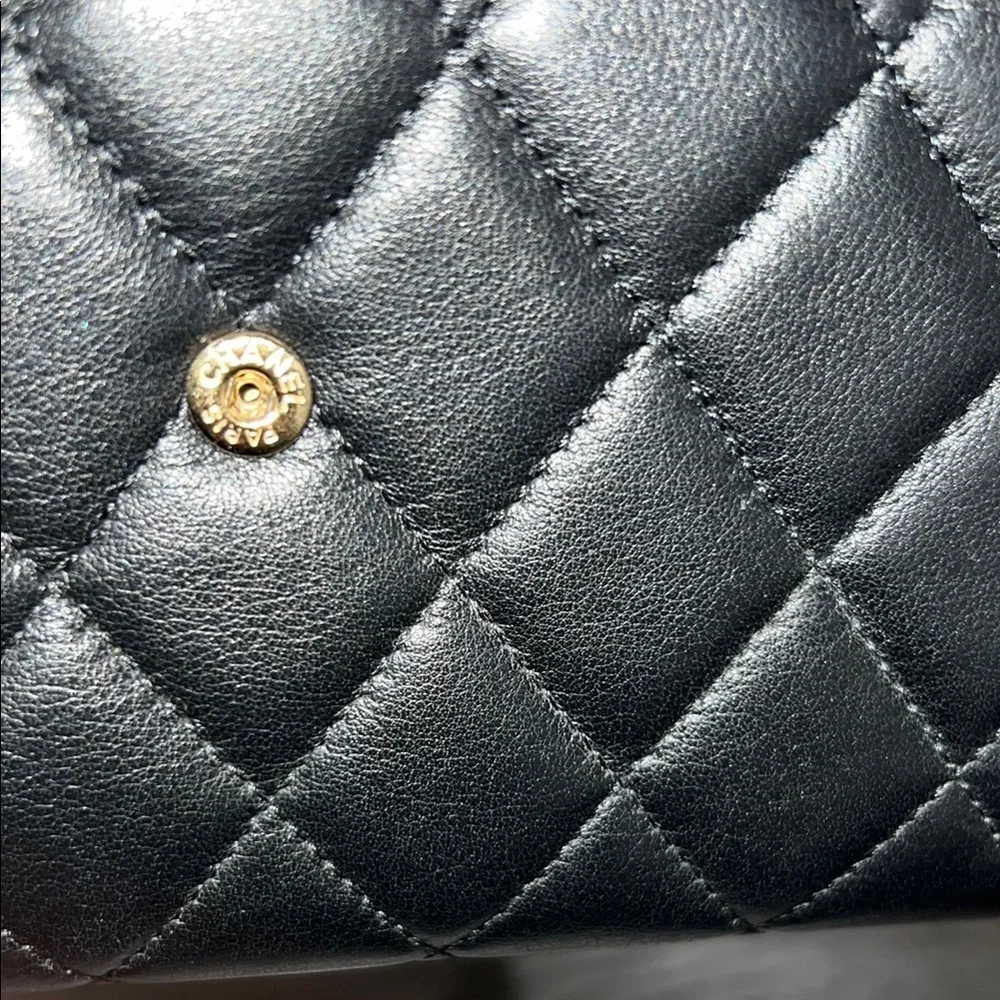 RARE!! Chanel Black and Gold Quilted distressed chain flap wallet